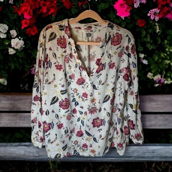 Old Navy White Floral Linen Blend Women’s Blouse Size Large “The Tunic Shirt” - Picture 3 of 11